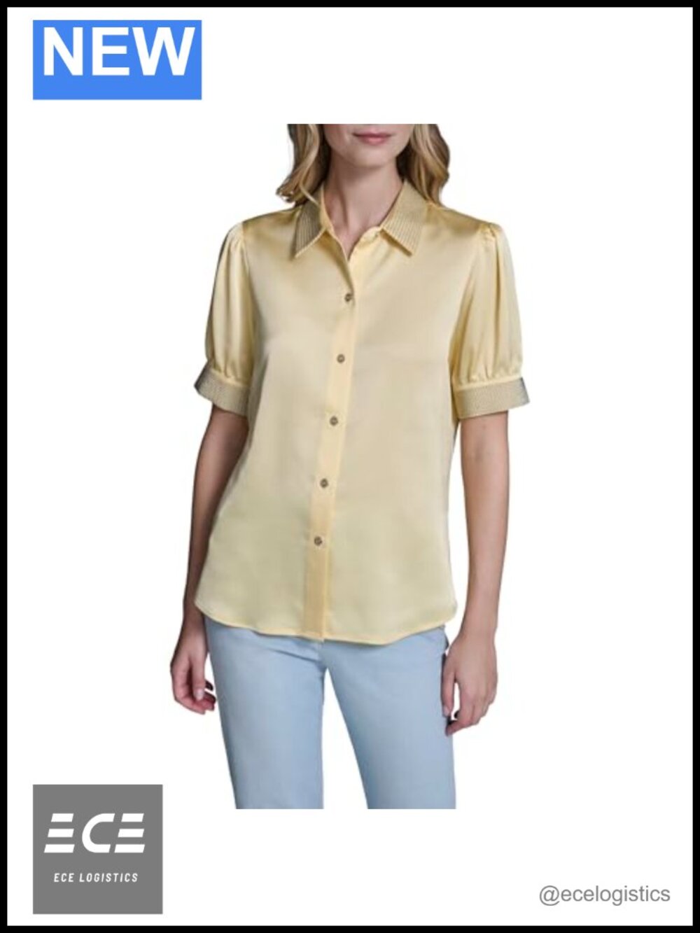 Button-Front Polished Blouse with Scoop Neck Cap Sleeve Relaxed Fit